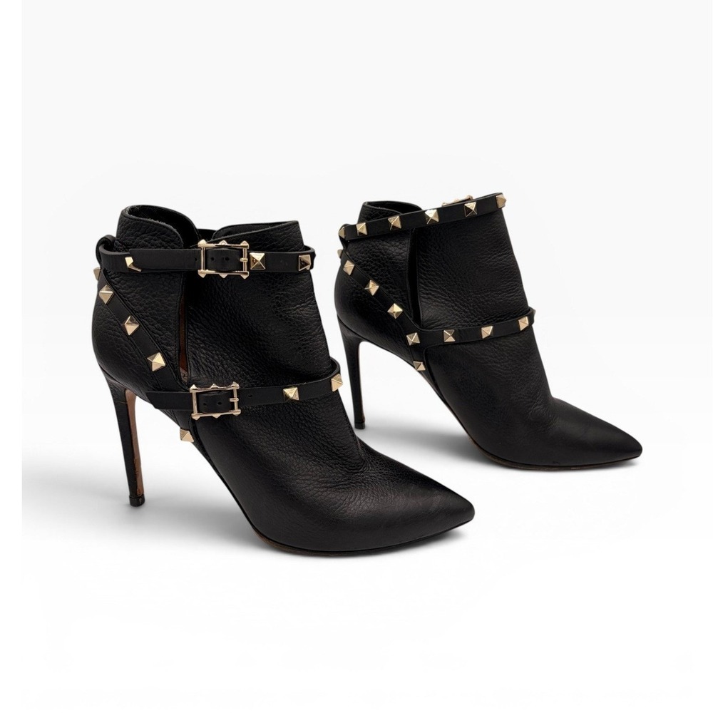Valentino Rockstud Ankle Boots 38.5 Black Leather Stiletto‎ Pointed Toe Studs